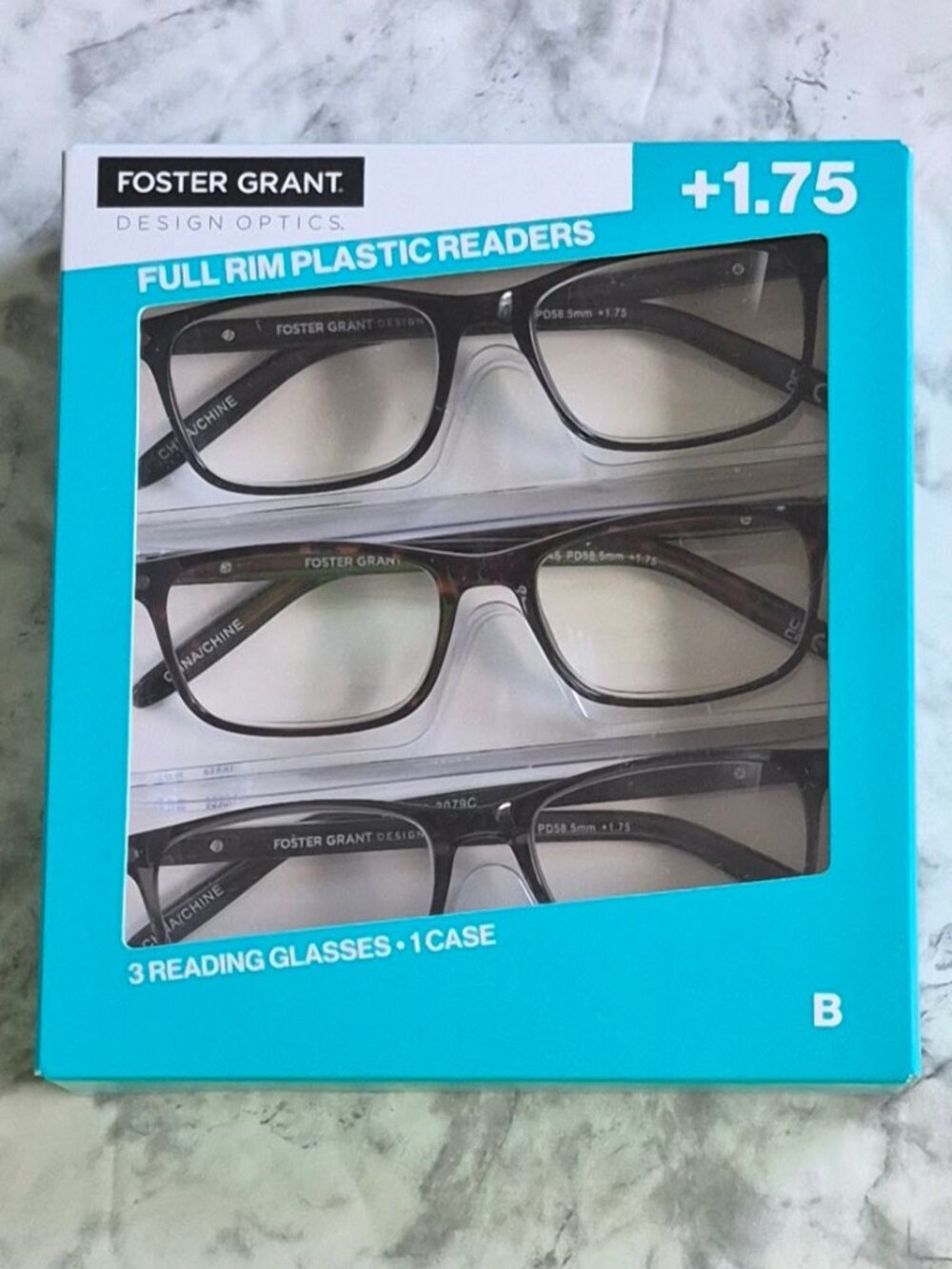 Foster Grant Full Rim Reading Glasses 3-Pack w/ Case +1.75 Style B, Unisex